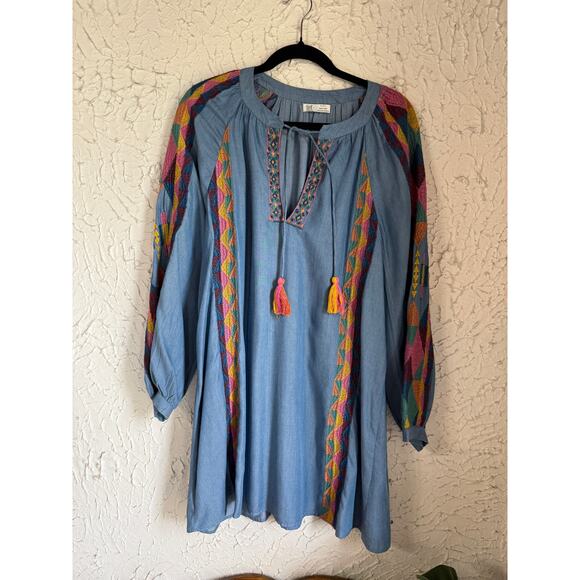 Zara Tops - Zara TRF Embroidered Boho Tunic Top Blue Chambray Peasant Tassel Medium M Folk